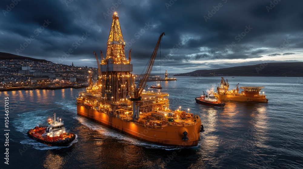 Obraz premium The early morning light enhances the serene waters of the North Sea while highlighting an oil and gas platform surrounded by industrial activity