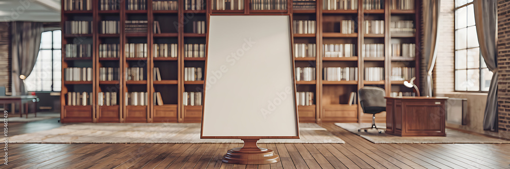 Blank canvas with wooden frame in a library setting brown and white elegant and classic perfect for showcasing your artwork or design Blank canvas with wooden frame in a library setting brown and white elegant and classic perfect for showcasing your artwork or design