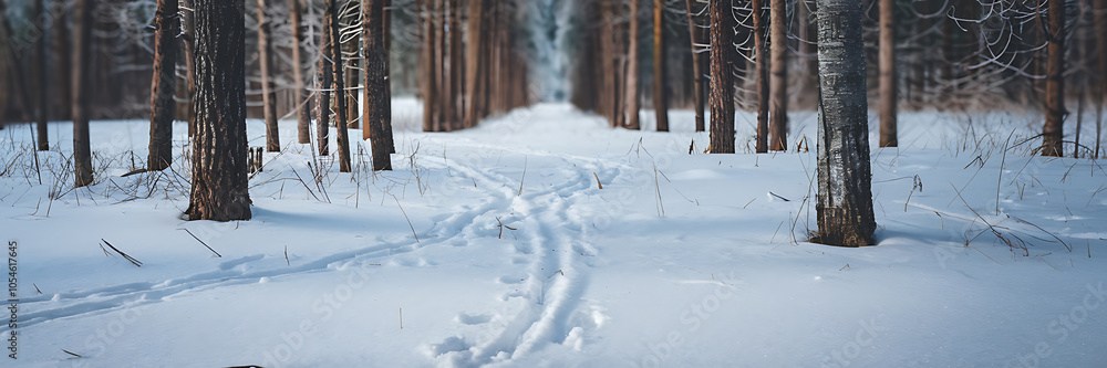 Naklejka premium Footprints in snow brown trees white snow winter wonderland serene and peaceful 