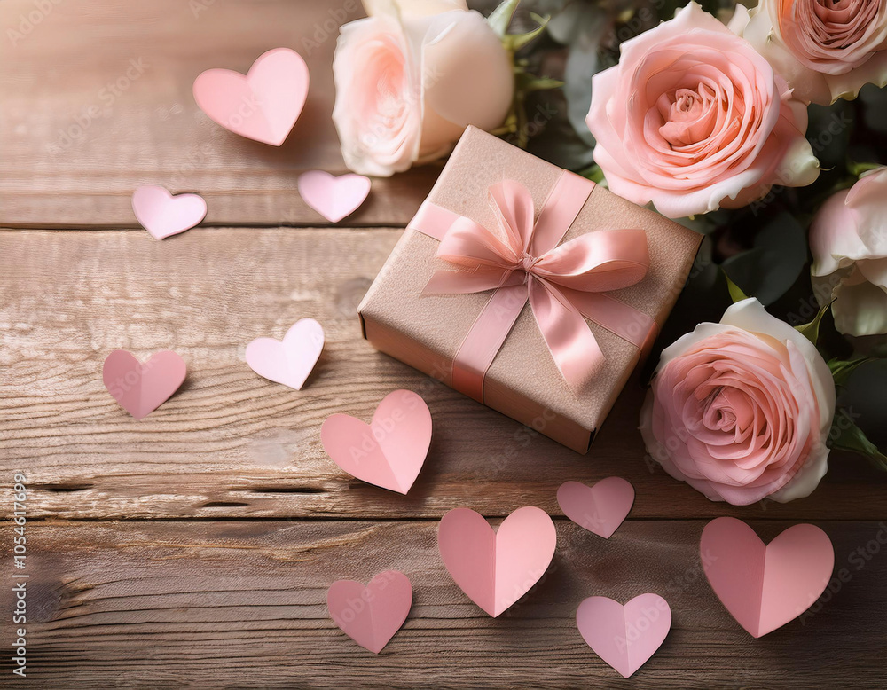 Valentines day background with blush roses, paper hearts and gift box on wooden table Valentines day background with blush roses, paper hearts and gift box on wooden table
