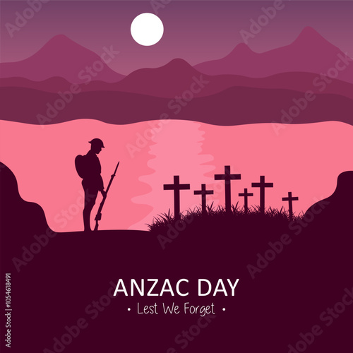 Vector illustration of beauty landscape. Remembrance day symbol. Lest we forget. Anzac day background with australian soldier and beauty landscape