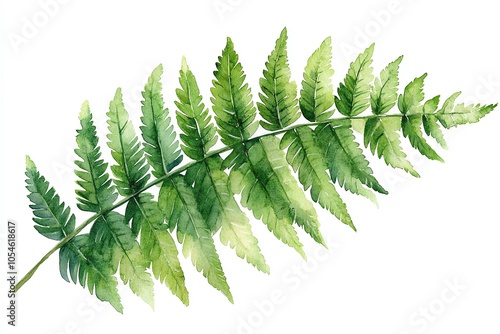 A watercolor illustration of a single green fern frond isolated on a white background. (1)