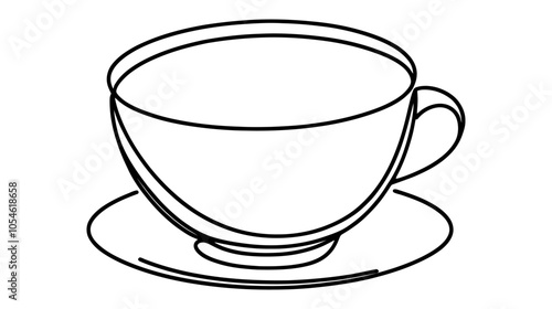 One continuous line illustration of a cup of coffee or tea on a saucer, isolated on white background.