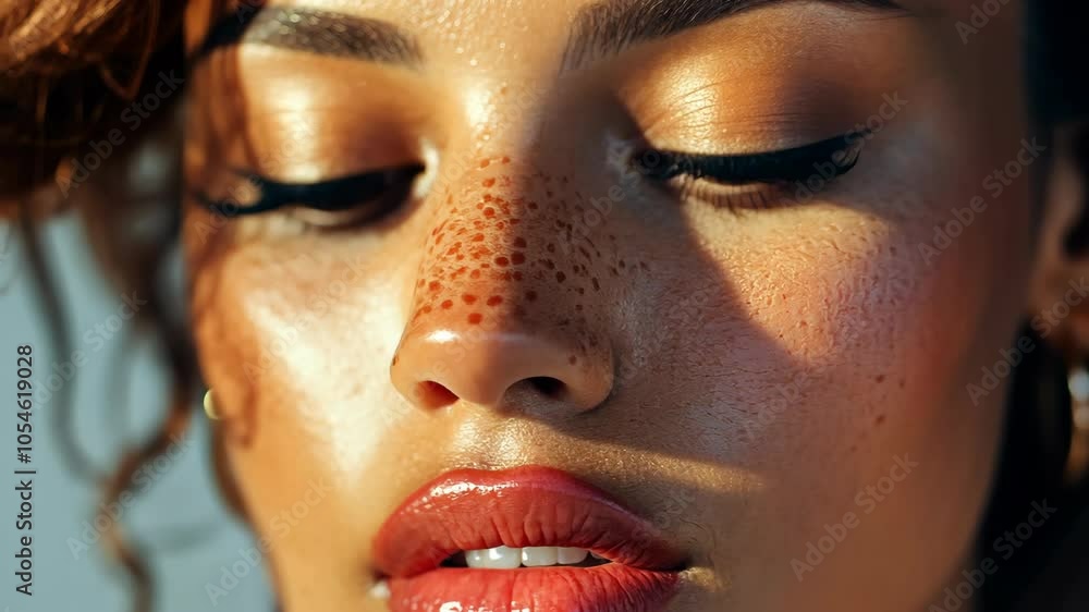 A woman with freckles and red lipstick poses for a close-up photo A woman with freckles and red lipstick poses for a close-up photo