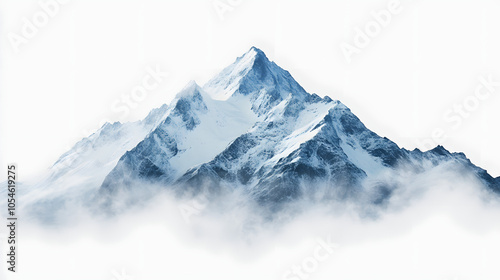 a majestic snow-covered mountain peak enveloped in mist, creating a serene and mysterious natural landscape with white shades, pop-art, png