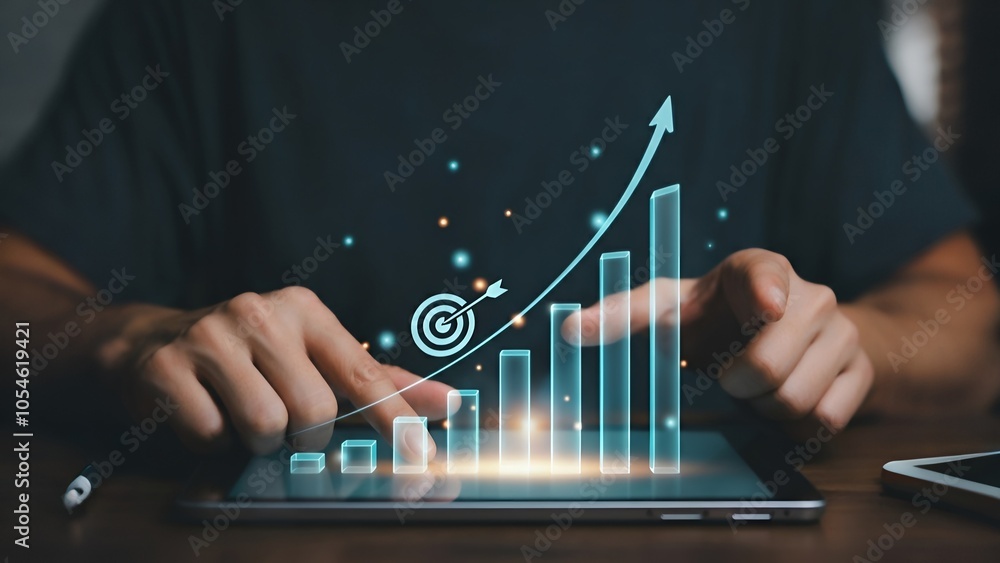 Person using a tablet with holographic growth chart and target graphics overlay. Person using a tablet with holographic growth chart and target graphics overlay.