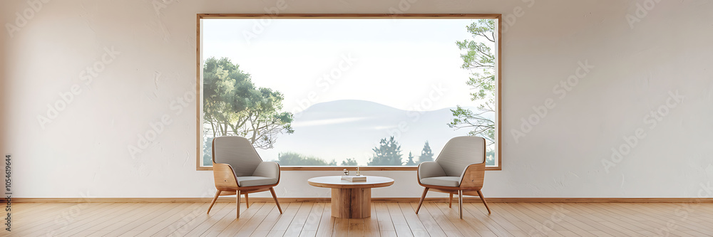Fototapeta premium Minimalist living room interior design with wooden furniture and a view of nature perfect for creating a calm and serene atmosphere 