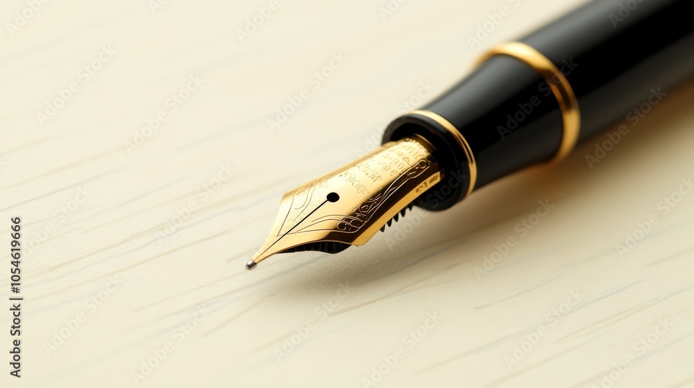 Elegant Fountain Pen on Wooden Desk: A gold-trimmed fountain pen rests on a wooden desk, ready to capture thoughts and ideas. The close-up perspective emphasizes the pen's intricate details. Elegant Fountain Pen on Wooden Desk: A gold-trimmed fountain pen rests on a wooden desk, ready to capture thoughts and ideas. The close-up perspective emphasizes the pen's intricate details.