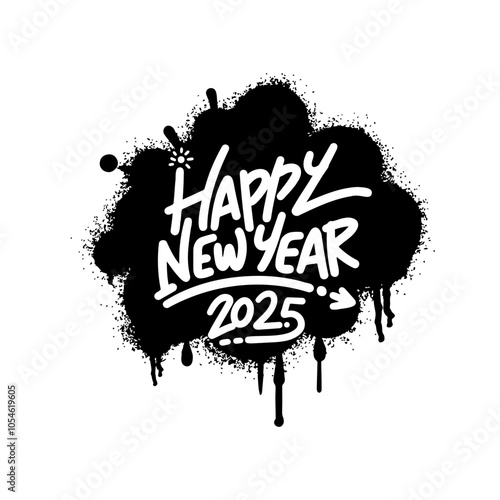 Creative graffiti style design celebrating the arrival of New Year 2025 with bold lettering and splashes of paint