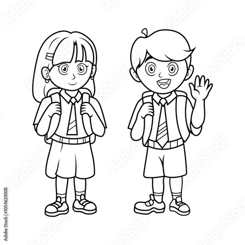 Boy and girl with backpacks line art