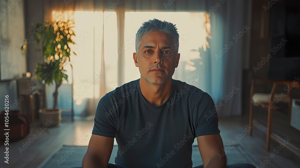Confident Hispanic man meditates alone in a modern yoga studio filled with natural light Confident Hispanic man meditates alone in a modern yoga studio filled with natural light