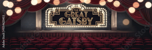 Red velvet curtains and golden sign with the title The Great Gatsby  a vintage theater setting for a classic movie   