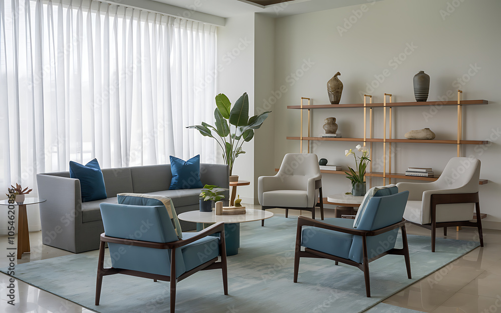 Fototapeta premium Modern living room with blue chairs and a grey sofa minimalist design contemporary interior relaxing atmosphere 
