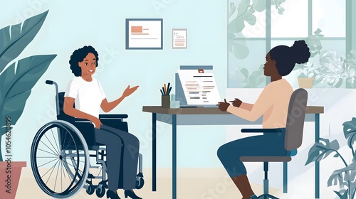 Young employer and woman in wheelchair sitting in front of one another and talking during interview. 