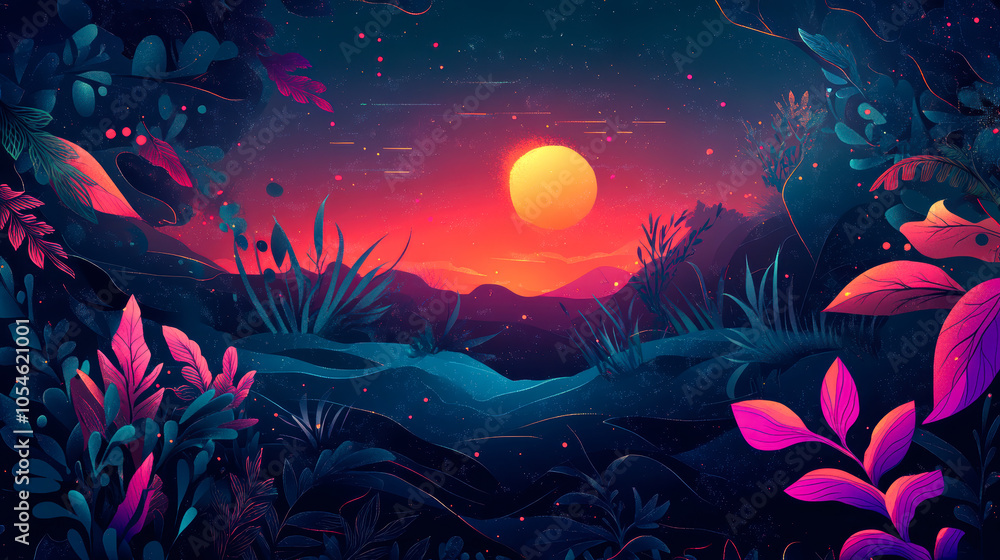 Colorful sunset jungle scene with glowing foliage and starry sky Colorful sunset jungle scene with glowing foliage and starry sky