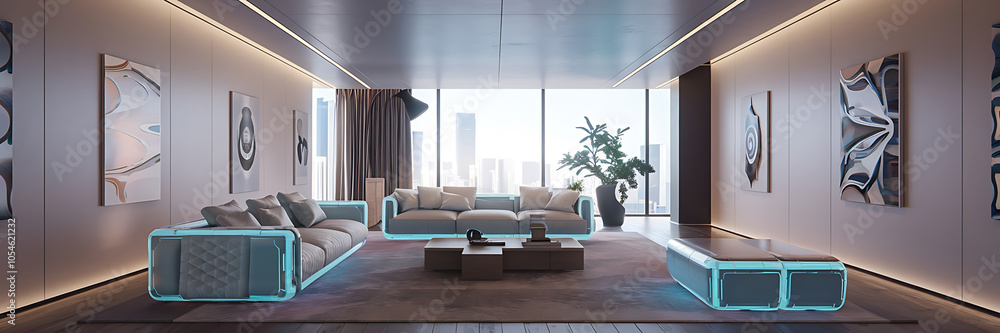 Futuristic living room with blue glowing furniture and a city view modern design luxury and comfort Futuristic living room with blue glowing furniture and a city view modern design luxury and comfort