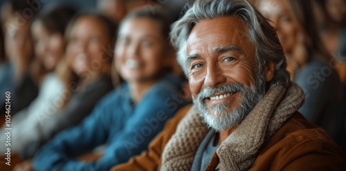 senior man smiling in classroom with happy students enjoying elderly education studying in community learning environment of diverse mature students