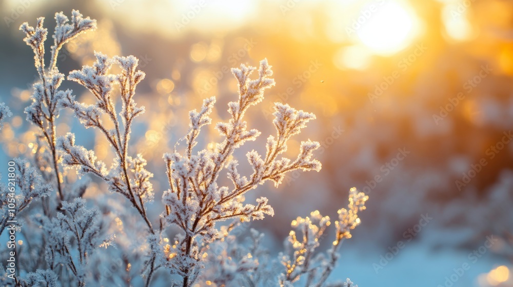 Frost-covered branches at sunrise, serene winter scene. Nature's tranquility concept Frost-covered branches at sunrise, serene winter scene. Nature's tranquility concept