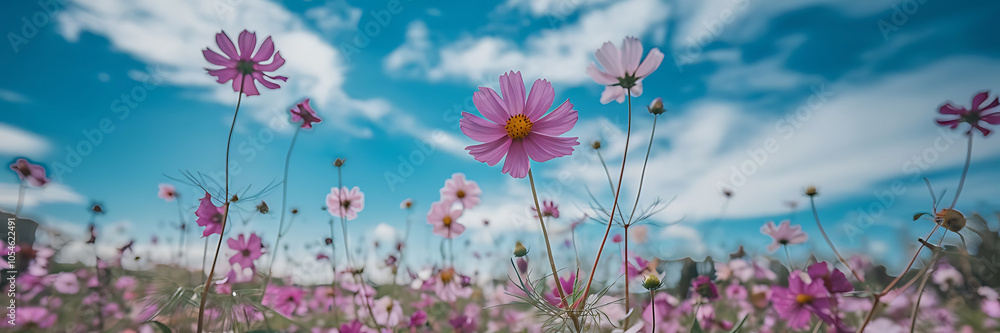 Pink flowers and blue sky a delicate floral field evoking a sense of tranquility and peace perfect for spring or summer themes Pink flowers and blue sky a delicate floral field evoking a sense of tranquility and peace perfect for spring or summer themes