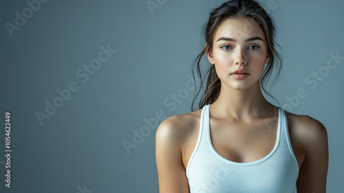 Beautiful woman in white T-shirt Female breast dark background