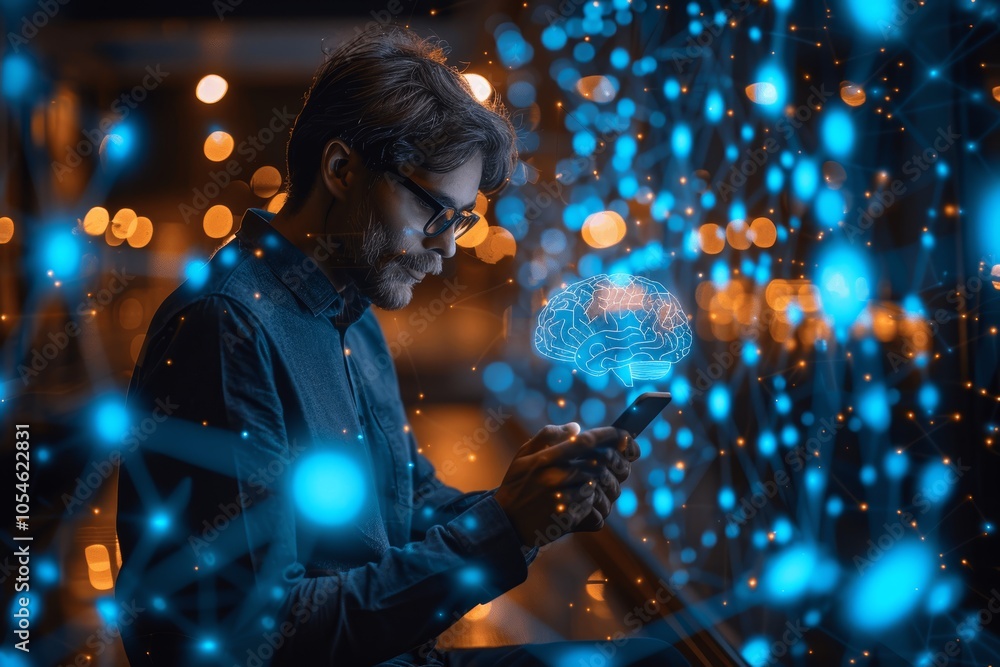 Businessman Using Smartphone for AI Chat Bot Communication and Virtual Assistant Technology Businessman Using Smartphone for AI Chat Bot Communication and Virtual Assistant Technology