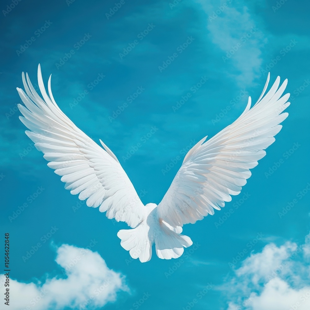 A majestic white bird with wide wings soaring in a clear blue sky. A majestic white bird with wide wings soaring in a clear blue sky.