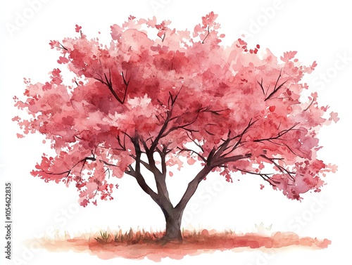 Watercolor painting of a blooming pink tree on a white background.
