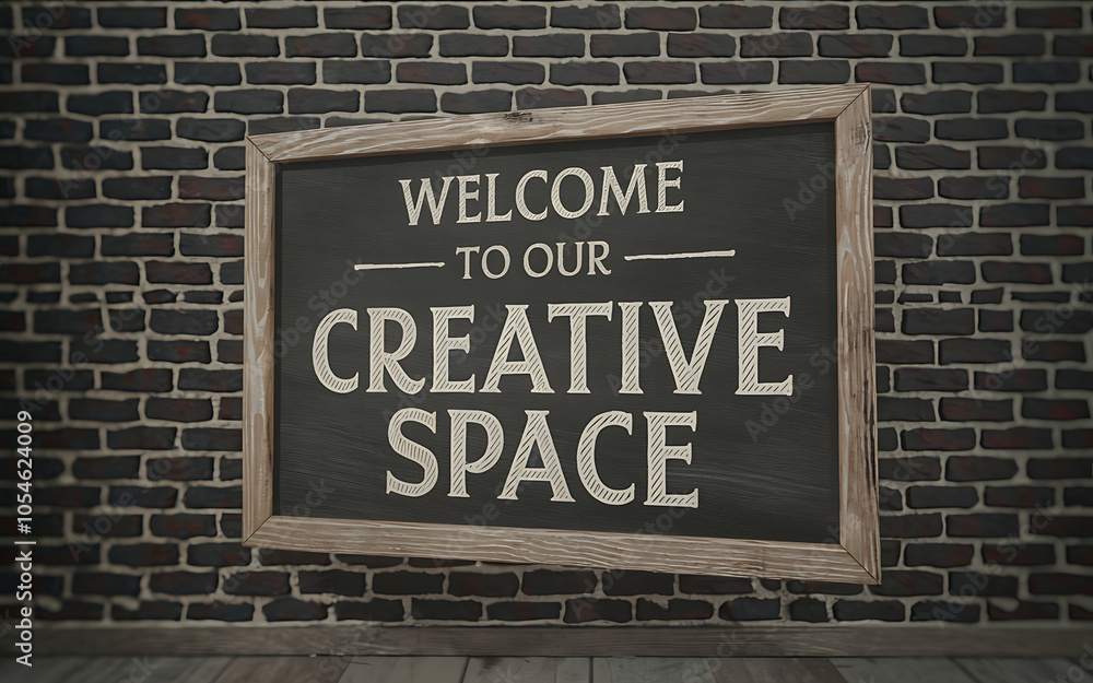 Blackboard with white text on a brick wall  rustic style  welcoming to a creative space   
