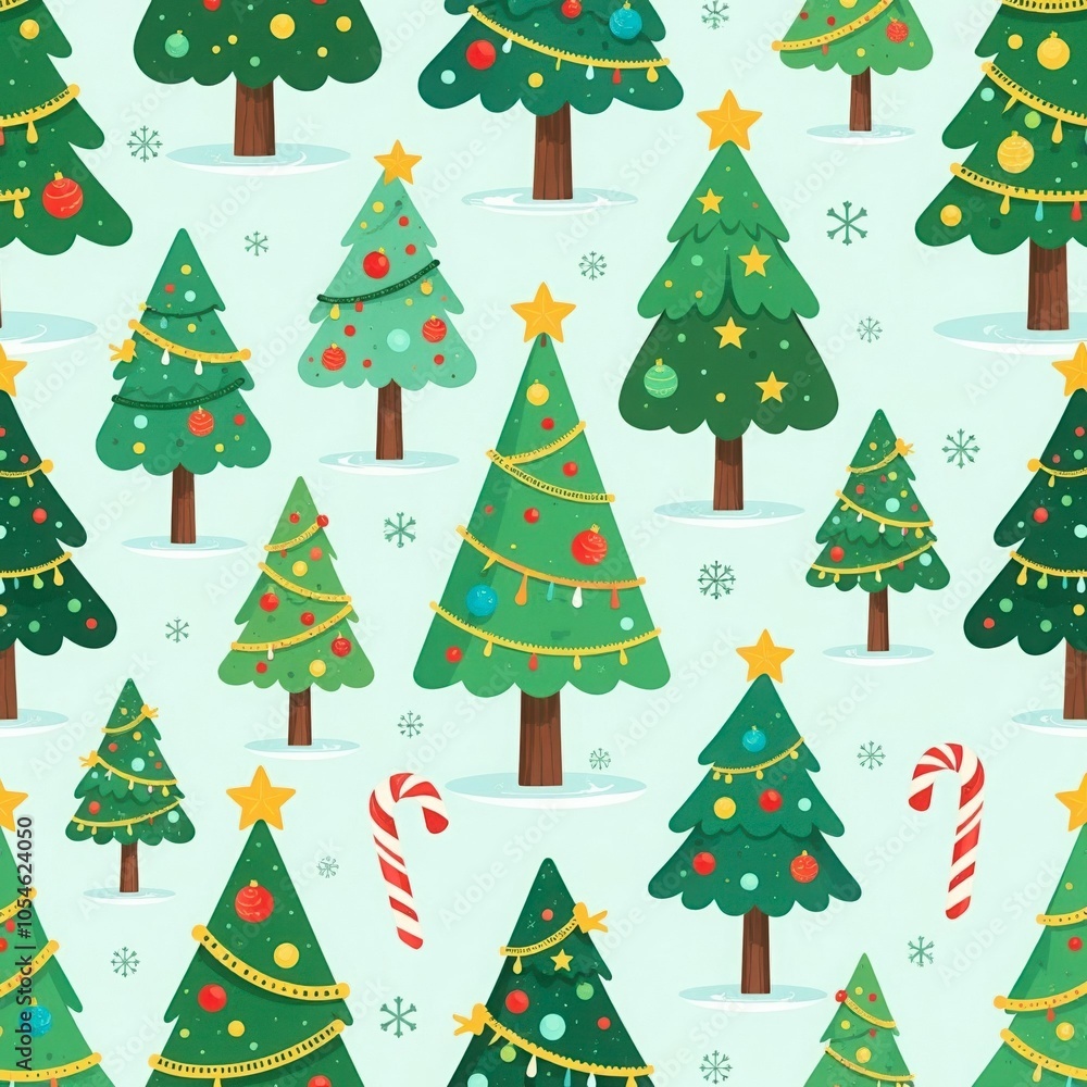 festive seamless pattern of Christmas trees decorated with colorful baubles stars garlands against light blue background. wrapping paper design, fabric print, gift tags and labels, wallpaper concept. festive seamless pattern of Christmas trees decorated with colorful baubles stars garlands against light blue background. wrapping paper design, fabric print, gift tags and labels, wallpaper concept.