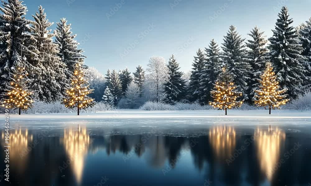 An elegant winter landscape with gently falling snowflakes over a frozen lake, surrounded by frosty pine trees decorated with simple, delicate strings of light An elegant winter landscape with gently falling snowflakes over a frozen lake, surrounded by frosty pine trees decorated with simple, delicate strings of light