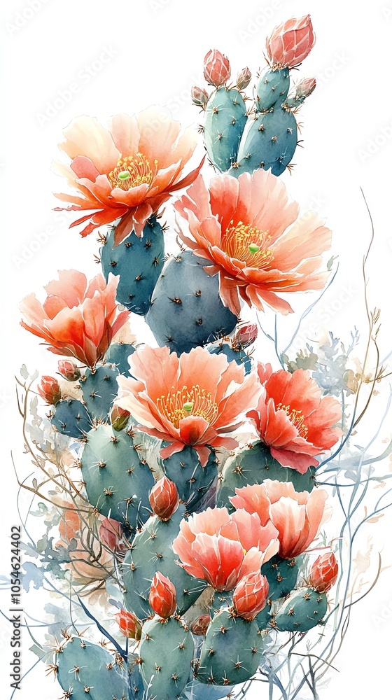 A watercolor painting of a prickly pear cactus in bloom with pink flowers, green leaves, and a white background. A watercolor painting of a prickly pear cactus in bloom with pink flowers, green leaves, and a white background.