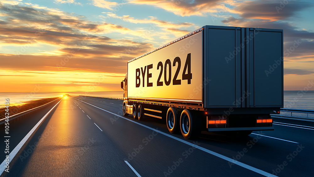 A large truck, showing the text BYE 2024 on its trailer, is driving down the highway at sunset meaning the year 2024 is about to be finished. A large truck, showing the text BYE 2024 on its trailer, is driving down the highway at sunset meaning the year 2024 is about to be finished.