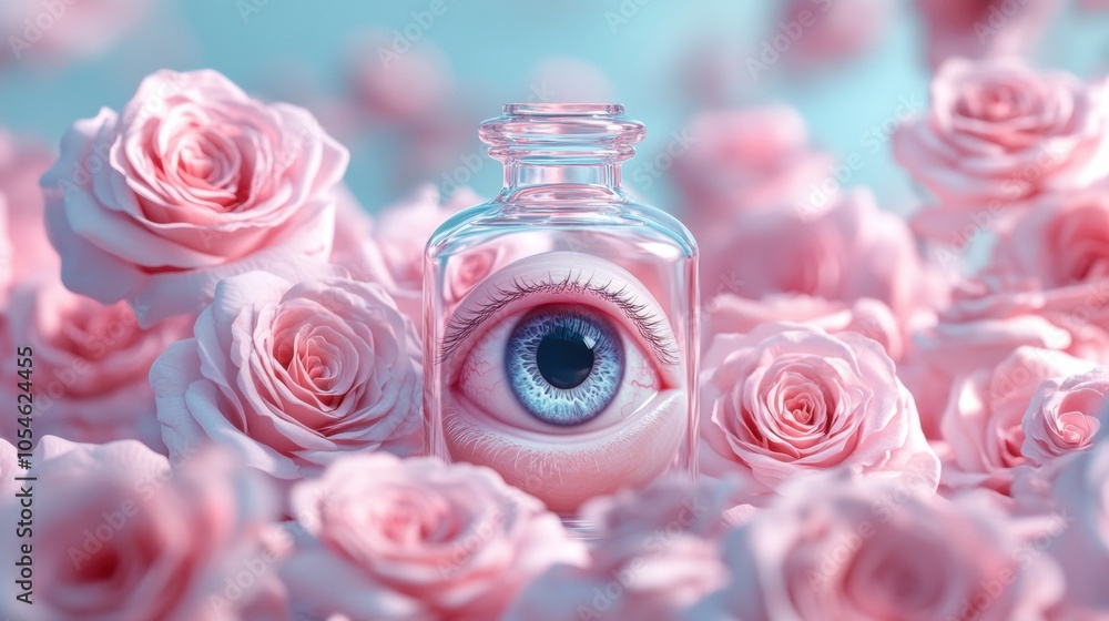 Eye in a glass bottle surrounded by pink roses, creating a surreal and dreamy scene, AI Eye in a glass bottle surrounded by pink roses, creating a surreal and dreamy scene, AI
