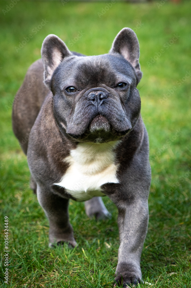 Cute Grey French Bulldog Puppy Stands in a Garden Cute Grey French Bulldog Puppy Stands in a Garden
