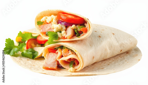 Delicious and Healthy Tortilla Wrap with Ham Vegetables and Cheese isolated with white shades, png