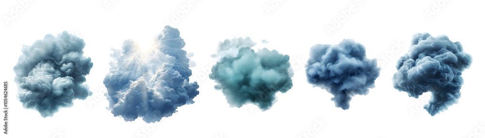 Various cloud formations in shades of blue and gray against a white background. Various cloud formations in shades of blue and gray against a white background.