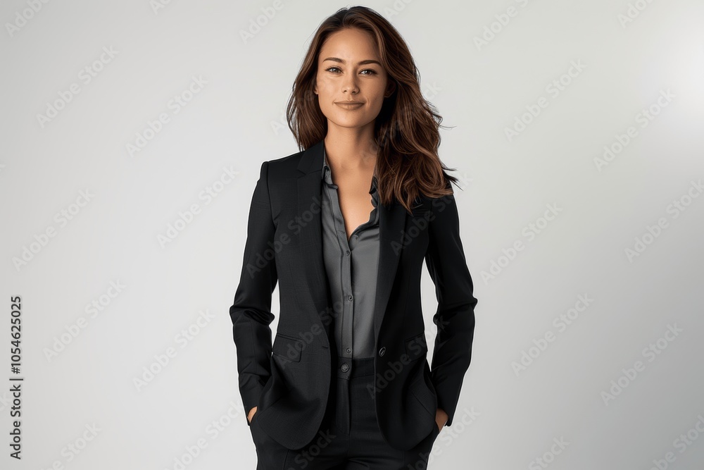 full body portrait of an attractive businesswoman in a black suit smiling hands in pockets professional studio photography full body portrait of an attractive businesswoman in a black suit smiling hands in pockets professional studio photography