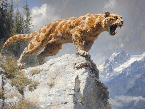 Oil painting of a fierce prehistoric saber-toothed cat in mountains photo