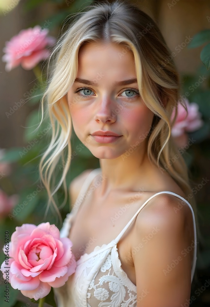 A young woman who has fair skin, blue eyes, and blonde hair is dressed in a lace dress and is surrounded by large pink flowers A young woman who has fair skin, blue eyes, and blonde hair is dressed in a lace dress and is surrounded by large pink flowers