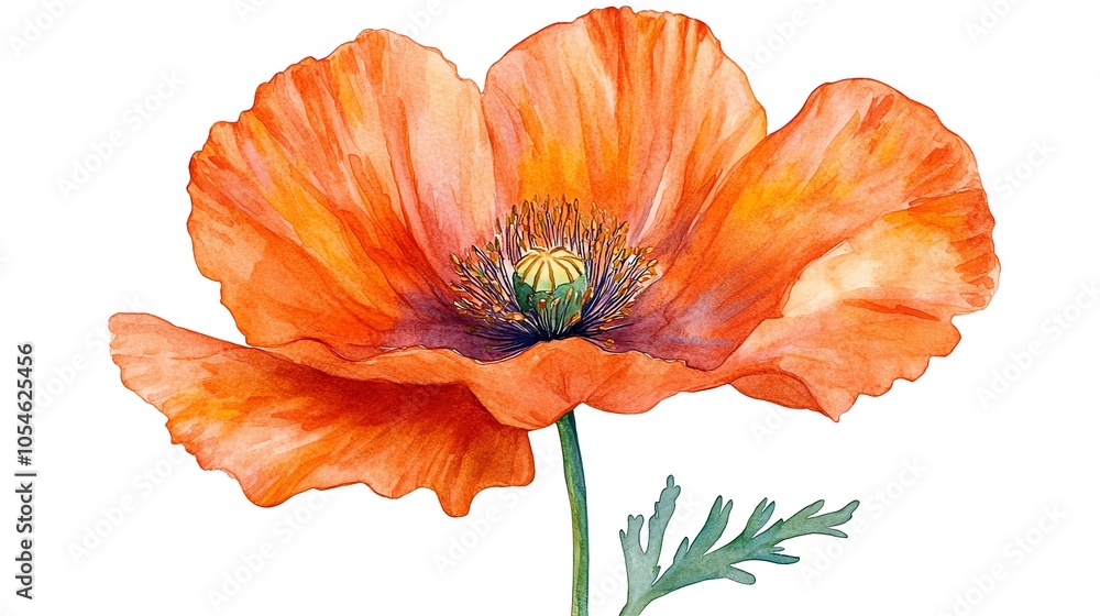 A single orange poppy flower with a green stem and leaves on a white background. A single orange poppy flower with a green stem and leaves on a white background.