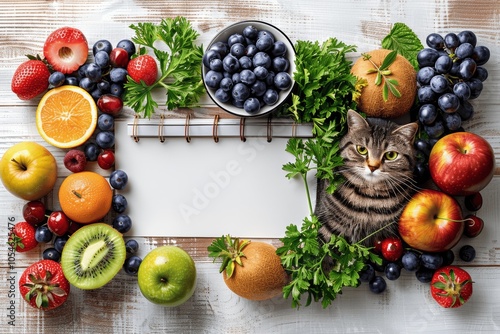 Healthy New Year 2024 Food Trends with Fruits Vegetables and Fish on White Background Sustainable Eating and Resolutions Concept Vibrant High Quality Detailed Illustration photo