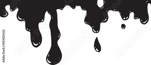 A black liquid drips down a white background. Concept of movement and fluidity, as the black liquid seems to be flowing and spreading across the white surface