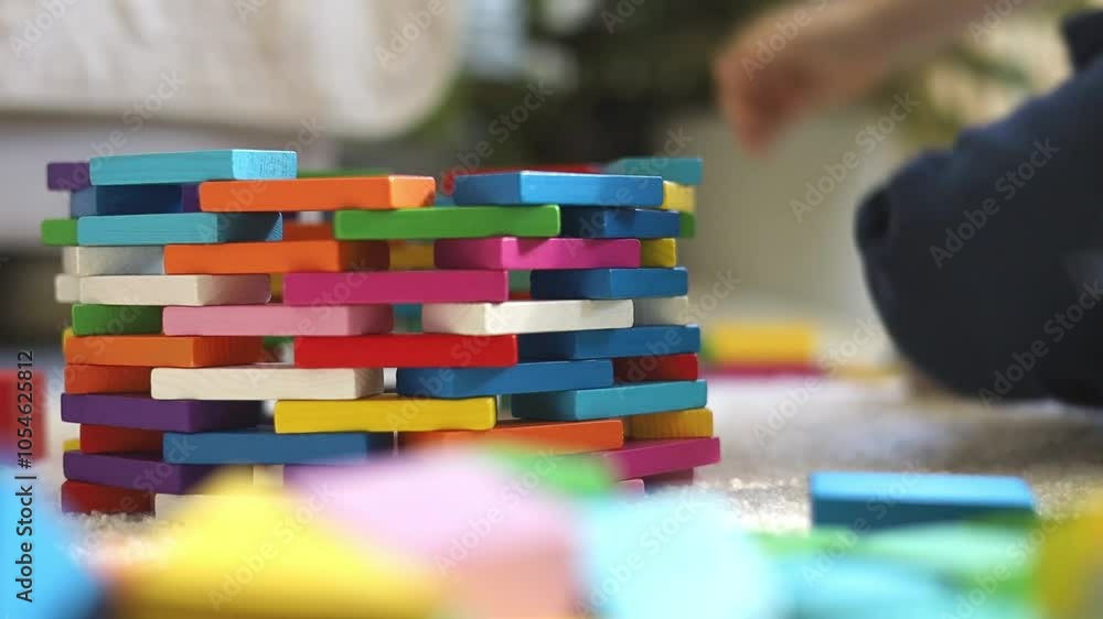 A small European boy builds a tower house from colored wooden blocks in a room on a carpet. A small European boy builds a tower house from colored wooden blocks in a room on a carpet.