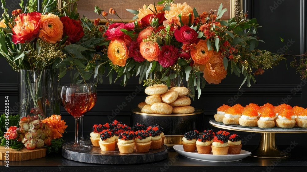 Elegant Dessert Display with Floral Accents Elegant Dessert Display with Floral Accents