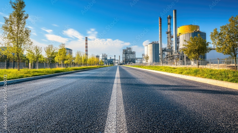 Industrial Road Leading to a Factory in Daytime Industrial Road Leading to a Factory in Daytime