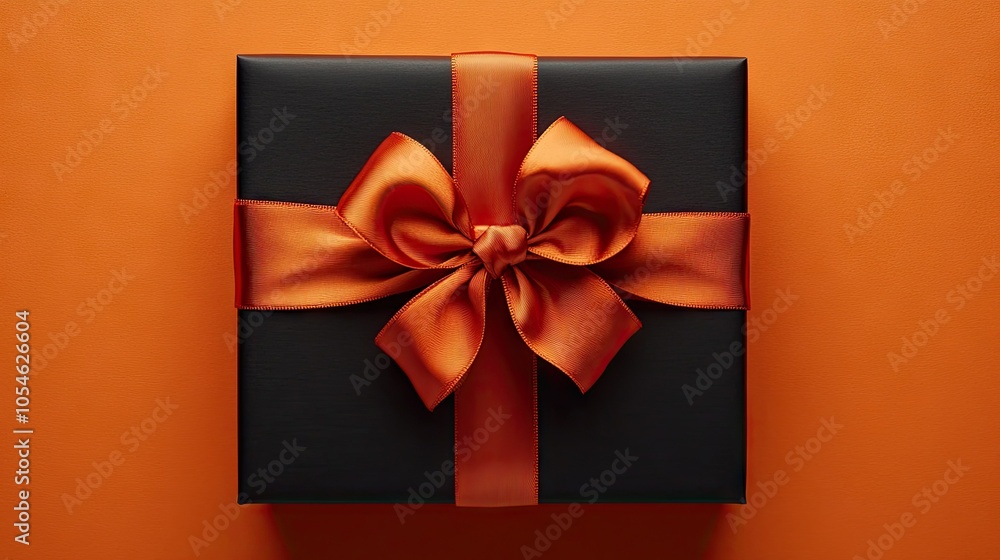 Elegant Black Gift Box with Orange Ribbon Top View Elegant Black Gift Box with Orange Ribbon Top View