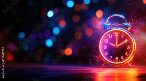 Colorful alarm clock with glowing lights on a blurred background. photo