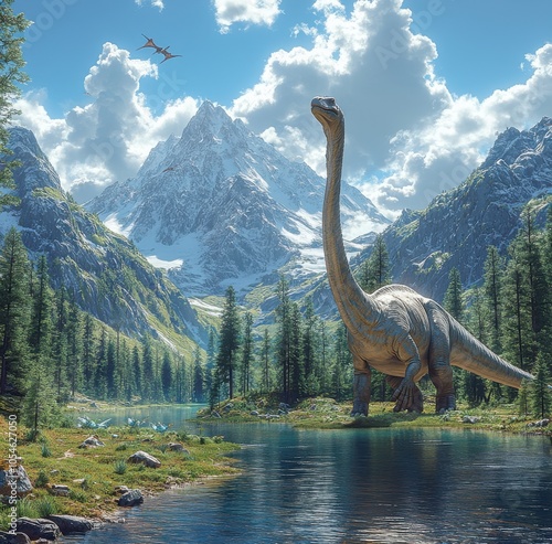 Majestic dinosaurs roam in a lush prehistoric mountain landscape photo