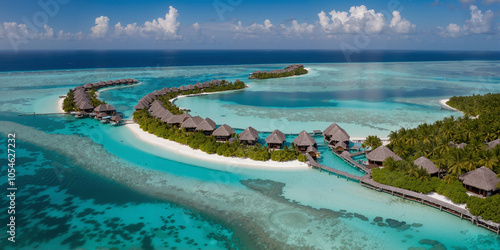 Luxury Overwater Bungalows Resort on Tropical Island Paradise, Aerial View of Turquoise Lagoon and Coral Reef Landscape