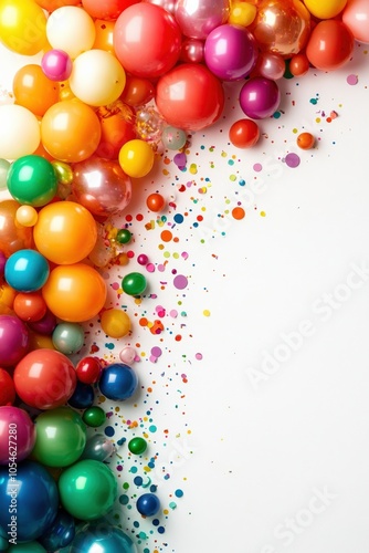 Colorful balls and glitter scattered on a white background.